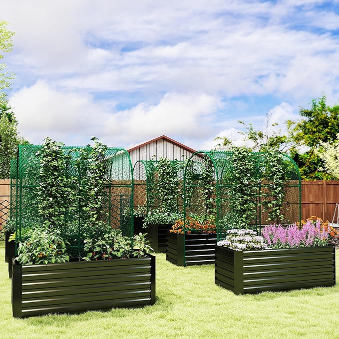 Raised Garden Bed with Arch Trellis for Climbing Plants,Galvanized Raised Garden Bed,Planter Boxes Outdoor for Vegetables Flowers Herb,269 Gallon Capacity Black