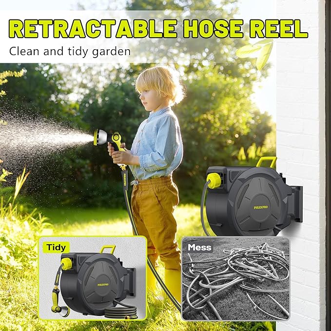 Retractable Garden Hose Reel 1/2 in x 160Ft Extra Long,Heavy Duty Automatic Water Hose Reel Wall Mounted with 10 Pattern Nozzle, Any Length Lock, Slow Return System, 180ยฐSwivel Bracket