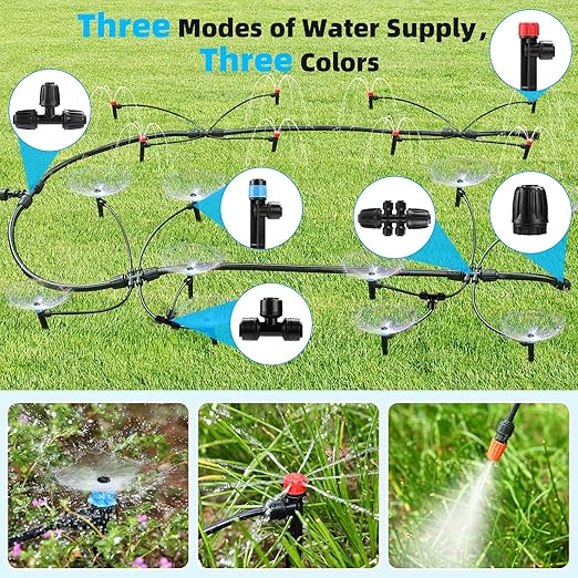 234FT Drip Irrigation System - Garden Watering System with Adjustable Three Spray Patterns with 1/2" Main Tube and 1/4" PE Distribution Tubing for Plants in Gardens, Raised Beds, Greenhouses, Lawns