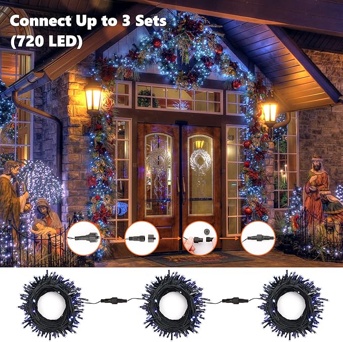 Brizled Blue & White Christmas Lights, 78.74ft 240 LED Christmas Lights, Connectable 8 Modes Xmas Tree Light, Outdoor Light String Waterproof with Memory Timer for Xmas Indoor Decor