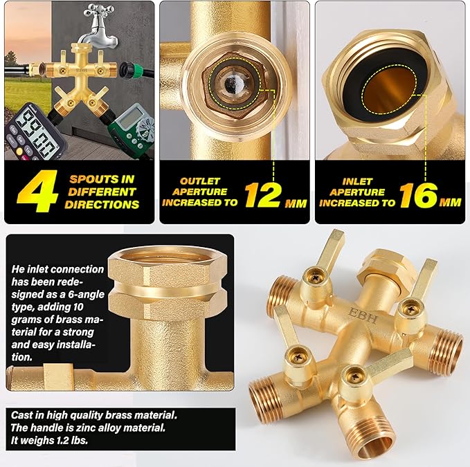 EBH Brass Garden Hose Splitter Full Flow, Outdoor Faucet Heavy Duty Hose Splitter 4 Way High Flow, 3/4-Inch Multi-Angle Spout with 4 Individual On/Off Valve and Extended Handle