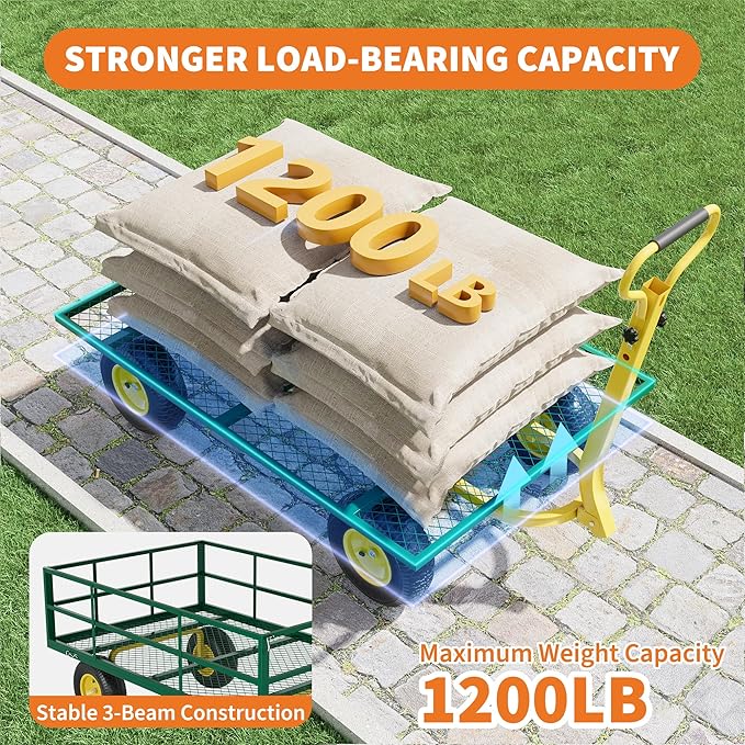 3-in-1 Heavy-Duty Steel Garden Cart, 1200 Lbs Garden Wagon, with 13 Inch All-Terrain Tires and Removable Mesh Side Panels, 180° Rotating Handle, Metal Utility Yard Trailer, Outdoor Gardens Wagon Cart