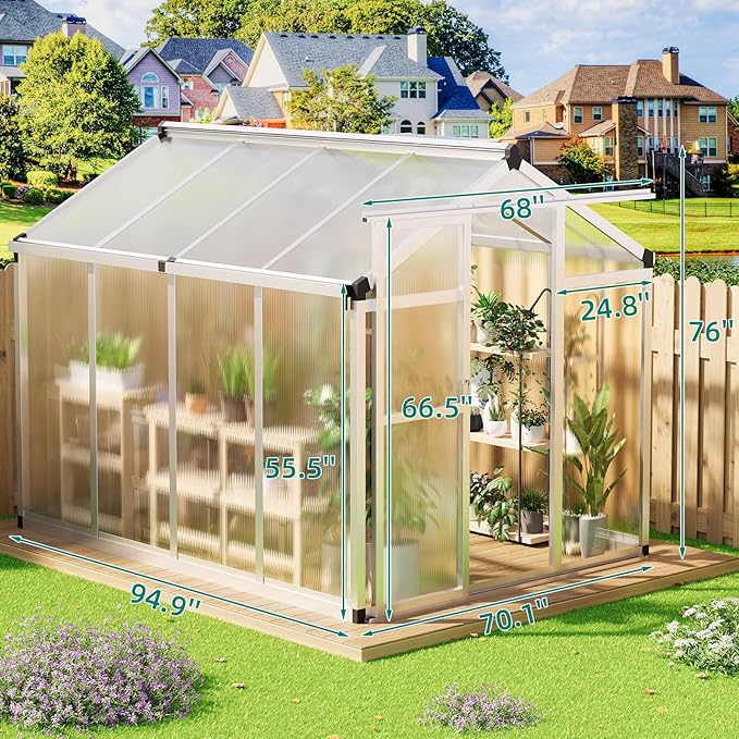 6x8 FT Polycarbonate Greenhouse with Roof Vent - Large Aluminum Walk-in Greenhouse Kit for Gardening, Backyard, Patio, Lawn - Easy Assembly