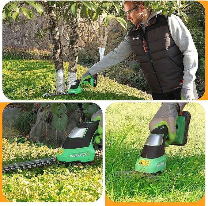 WORKPROX 20V Cordless Grass Shear & Shrubbery Trimmer - 2-in-1 Handheld Electric Grass Trimmer Hedge Shears/Grass Cutter, Rechargeable Lithium-Ion Battery and Type-C Cable Included