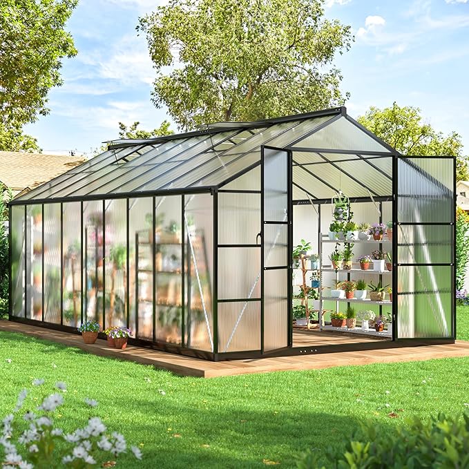 WKM 10x18 FT Greenhouse for Outdoors, Polycarbonate Greenhouse with Quick Setup Structure and Roof Vent, Enhanced Aluminum Green House for Garden Backyard, Black