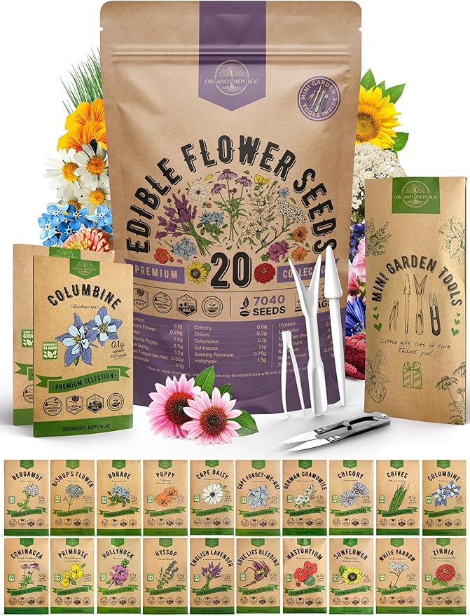Organo Republic 20 Edible Flower Seeds Variety Pack- Indoor/Outdoor. 7000+ Non-GMO Heirloom: Borage, Bergamot, Nasturtium, Chives, Cape Daisy, Hyssop, Zinnia Seeds & More
