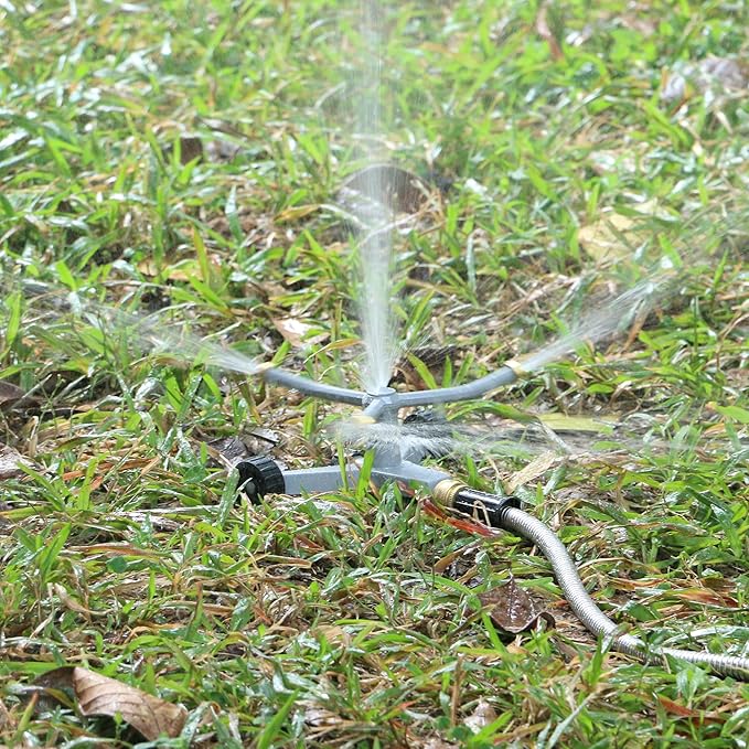 STYDDI Metal Rotating Water Sprinkler for Lawn, Heavy Duty Metal 3-Arms Whirling 360 Degree Automatic Rotary Sprinkler with Wheeled Base for Small Areas, Garden, Yard, Cover up to 1,384 Sq. ft.