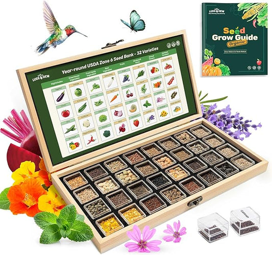 Lush&Dew Year-Round USDA Zone 6 Heirloom Survival Seed Kit, 32 Varieties 32,000+ Seeds for Planting Vegetables Herbs, Gardening Gifts for Women Men, Raised Garden Bed, Greenhouse Indoor Outdoor