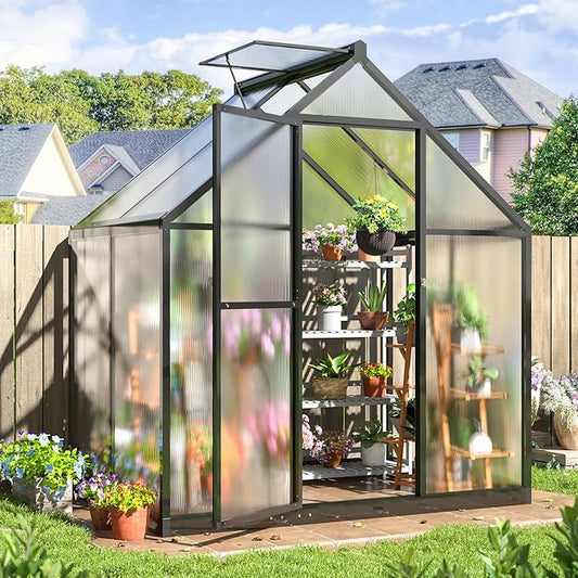 4x6 FT Quick Setup Polycarbonate Greenhouse with Roof Vent, Large Aluminum Walk-in Green House for Outdoor Garden Backyard, Black