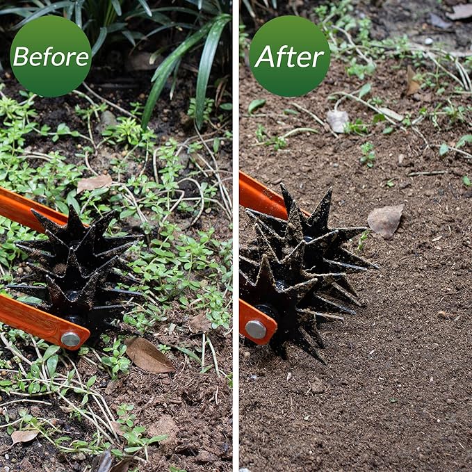 Walensee Rotary Cultivator Tool, Adjustable Garden Hand Tiller with Stainless Steel Pole, 2-in-1 Garden Weeder and Crumbler Soil Cultivator Tool with Weeding Knife for Soil Mixing or Reseeding Grass