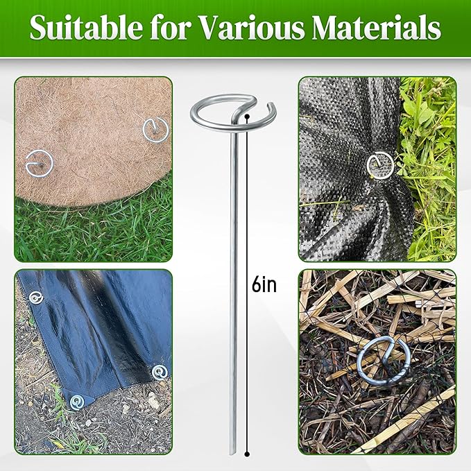 100 Pcs Circle Top Landscape Staples, 11 Gauge Landscape Fabric Pins, Not Easy to Bend 6 inch Galvanized Landscape Fabric Stakes, Garden Stakes for Landscaping, Heavy Duty Ground Stakes