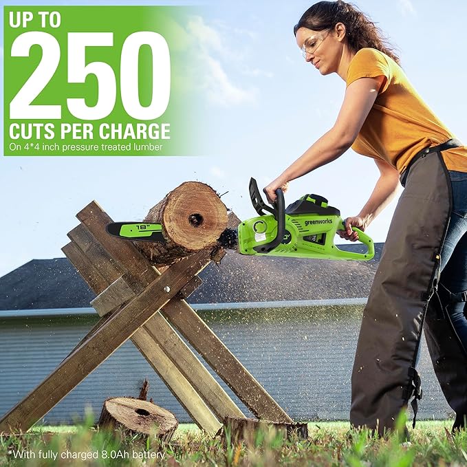 Greenworks 40V 18" Brushless Cordless Chainsaw (Great For Tree Felling, Limbing, Pruning, and Firewood), 8.0Ah Battery and Rapid Charger Included
