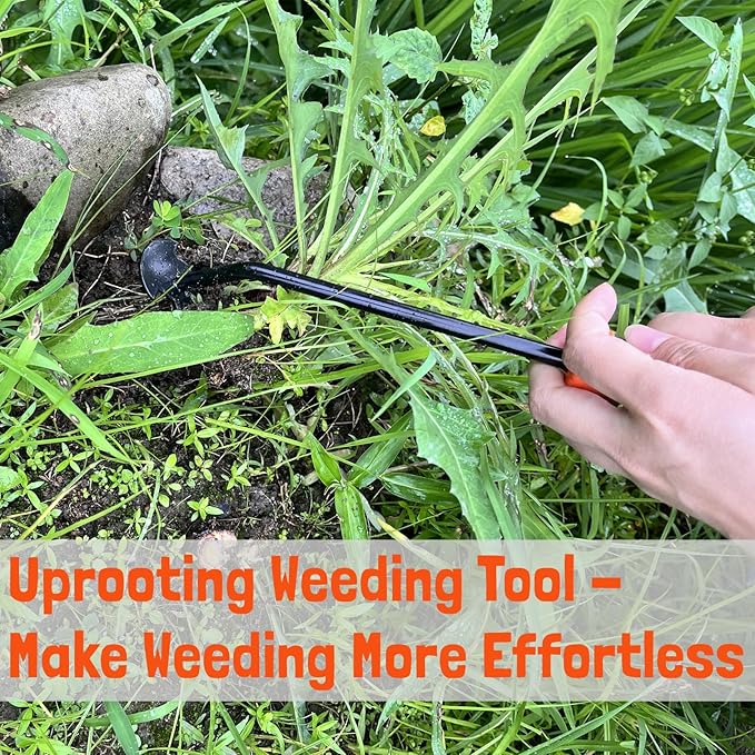 Hand Weeding Tool, Uprooting Weeder Tool Portable Garden Weed Remover with Handle, 4 Teeth Stainless Steel Weed Puller for Garden Backyard Farm Planting & Weeding (Rubber Handle)