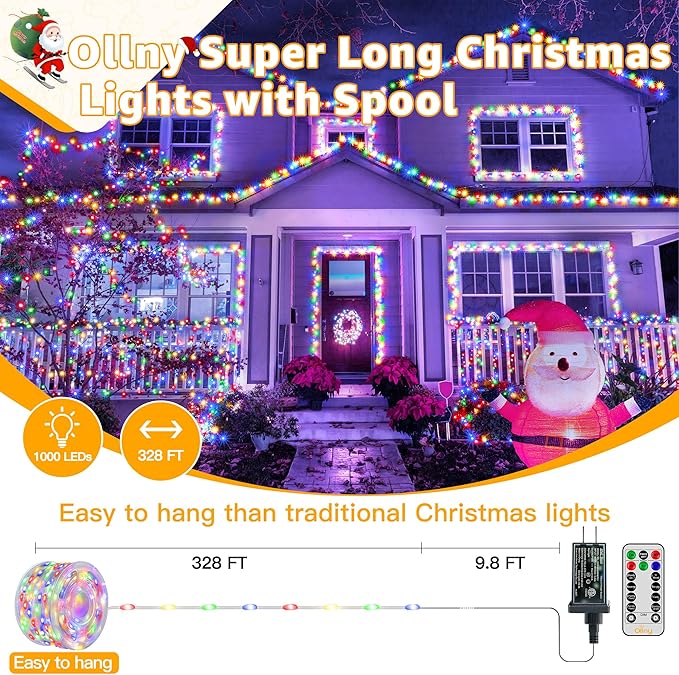 Ollny Outdoor Christmas Lights 1000LED 328FT, Multicolor Fairy Lights IP67 Waterproof, Plug in String Light with Remote 8 Modes Timer, Xmas Light for Outside Indoor House Tree Decorations