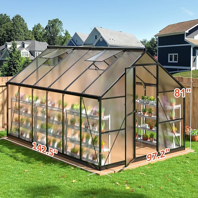 8×12 FT Greenhouse for Outdoors, Quick Setup Polycarbonate Greenhouse with Roof Vent, Walk in Green Houses for Outside for Outdoor Garden Backyard, Black