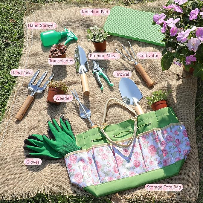 LeMotech Garden Tools Set, 10-Piece Heavy Duty Garden Hand Tools Kit with Wooden Handle, Durable Organizer Bag for Garden Supplies, Gardening Gifts for Women Grandmother, Pink Floral Pattern