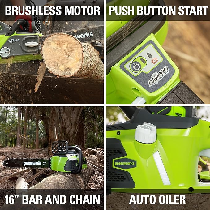 Greenworks 40V 16" Brushless Cordless Chainsaw (Great For Tree Felling, Limbing, Pruning, and Firewood / 75+ Compatible Tools), Tool Only