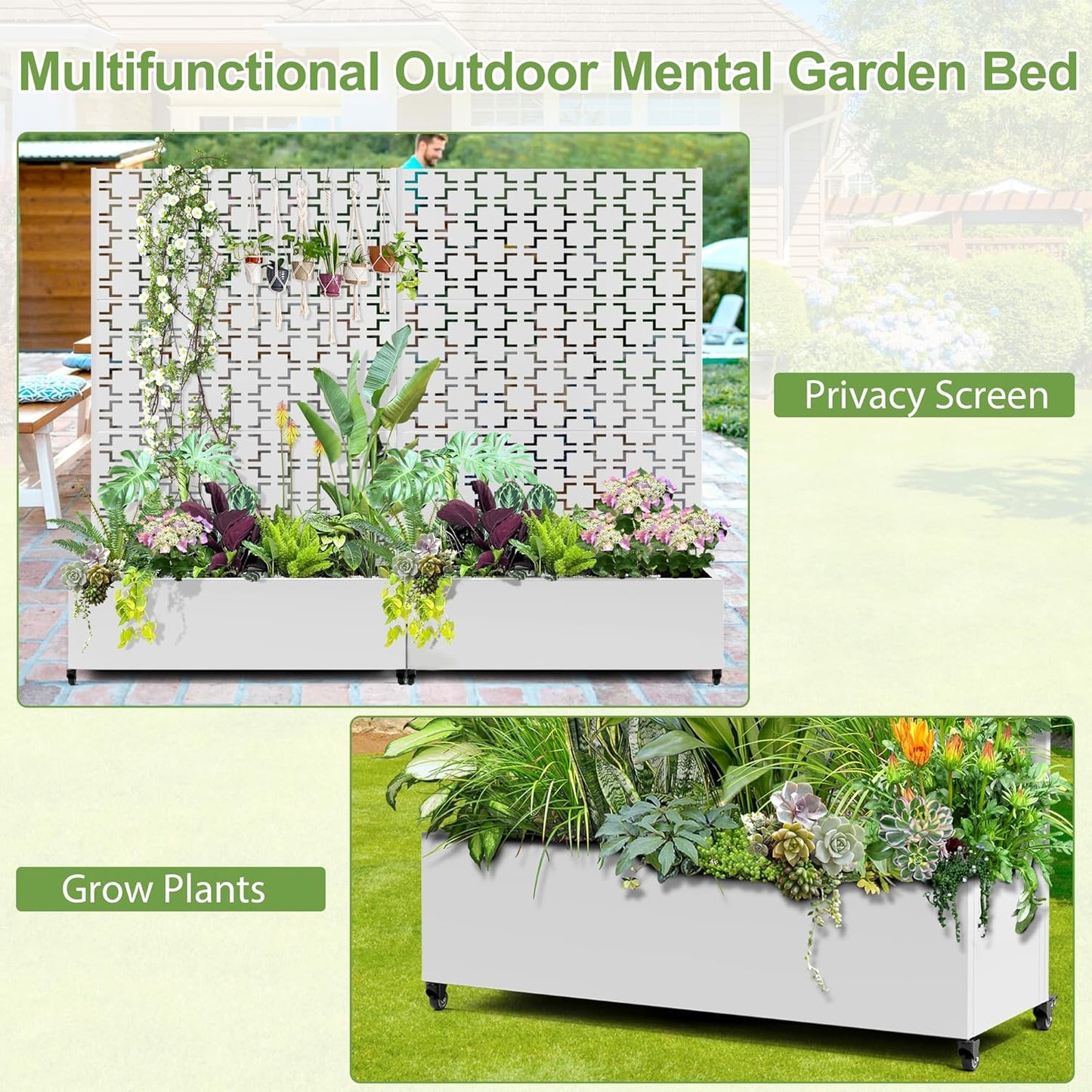 Raised Garden Bed with Trellis and Wheels,73"x47"x16" Metal Raised Garden Bed,White Squared Metal Planter with Climbing Trellis for Vines & Vegetables