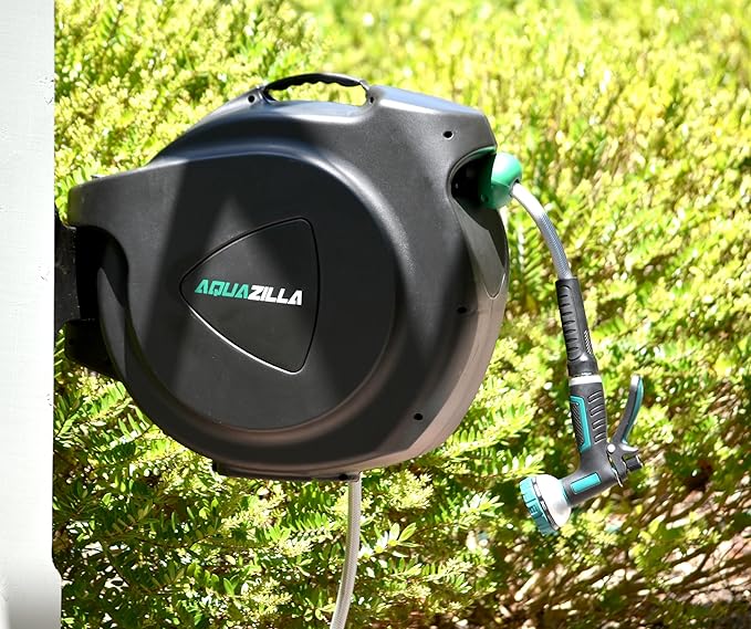 Retractable Garden Hose Reel, 100Ft x 5/8" Durable Wall Mounted Water Hose Reel with 180° Swivel Bracket, 9 Pattern Sprayer, 6Ft leader hose,Smooth Automatic Rewind, Any Length Lock.