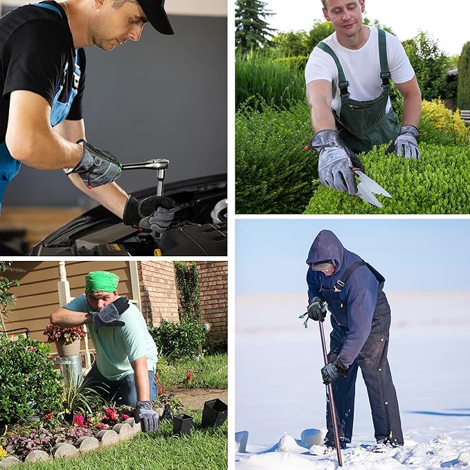 Leather Work Gloves for Men or Women, Large Glove for Gardening, Tig/Mig Welding, Construction, Chainsaw, Farm, Ranch, etc. Cowhide, Cotton Lined, Utility, Firm Grip, Durable. Grey-Black L