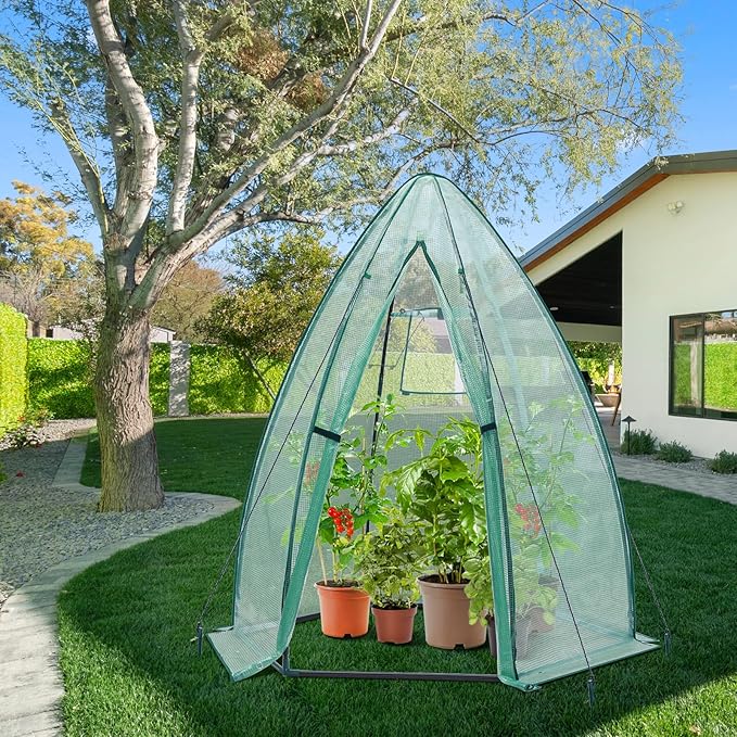 Portable Plant Protector from Animals, Ohuhu Greenhouse for Outsides with Durable PE Cover, Heavy Duty Green House with Zippered Door Mesh Window for Vegetables Flowers Fruits Herbs, 63x54x71 Inch