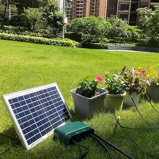 Lewisia 10W Solar Automatic Drip Irrigation Kit Auto Watering System Solar Powered Auto-Irrigation Set for Garden Raised Beds Patio Lawn Greenhouse Potted Plants Up to 50 Plants