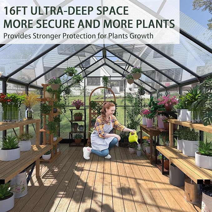 Polycarbonate Greenhouses, 8x16 FT Green Houses for Outside with Adjustable Roof Vents, Walk-in Aluminum Frame Greenhouse, Windproof, Garden(8x16FT)