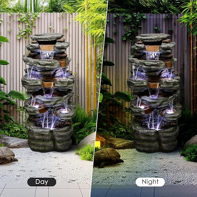 SunJet 47.2" High 6-Tiers Cascading Rock Outdoor Water Fountain with LED Lights - Large Outdoor Fountains and Waterfalls for Garden or Patio, Yard, and Deck Decor, Featuring Natural Stone Look