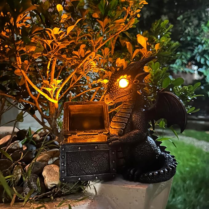 Garden Dragon Statue Solar Powered Outdoor Figurine Light Decor Cute and Hold Glowing Treasure Chest Resin Sculpture Home Decoration for Porch Patio Lawn Farm Yard Housewarming Ornament Gift