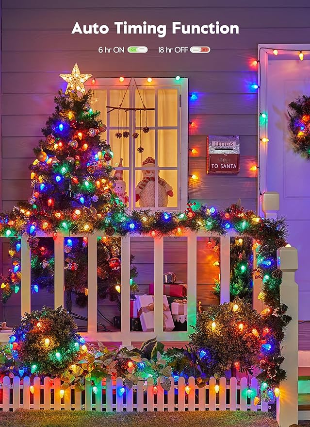 Brightown C9 Christmas Lights Outdoor, 114FT 150 LED Multicolor String Lights with Timer, 8 Modes, Plug-in UL Listed Waterproof Connectable Christmas Tree Lights for House, Roof, Garden, Patio Decor