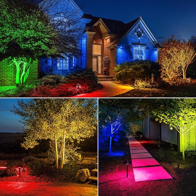 SUNVIE RGBW Landscape Lighting Kit 12V Low Voltage Landscape Lighting with Connectors, Color Changing Low Voltage Pathway Lights Wired with Spotlights Waterproof for Holiday Patio Garden Yard,12 Pack