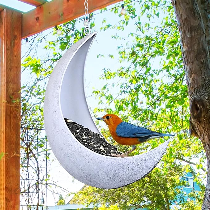 Hanging Moon Bird Feeder – Unique Metal Bird Feeders for Outdoors, Rustic White, Rust-Resistant, Drain Holes – Wild Bird Feeder for Bluebirds, Cardinals, Finches, and Backyard Birdwatching