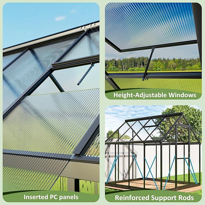 6x9 FT Quick Setup Polycarbonate Greenhouse with Roof Vent, Large Aluminum Walk-in Green House for Outdoor Garden Backyard, Black