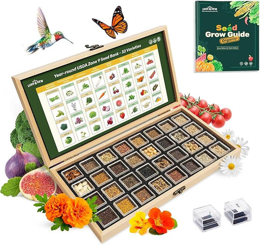 Lush&Dew Year-Round USDA Zone 9 Seed Bank, Gift for Mom Dad, 32 Varieties Non-GMO Heirloom Seeds of Vegetables, Herbs Gardening Gifts for Women Men, Survival Kit for Raised Garden Bed, Greenhouse