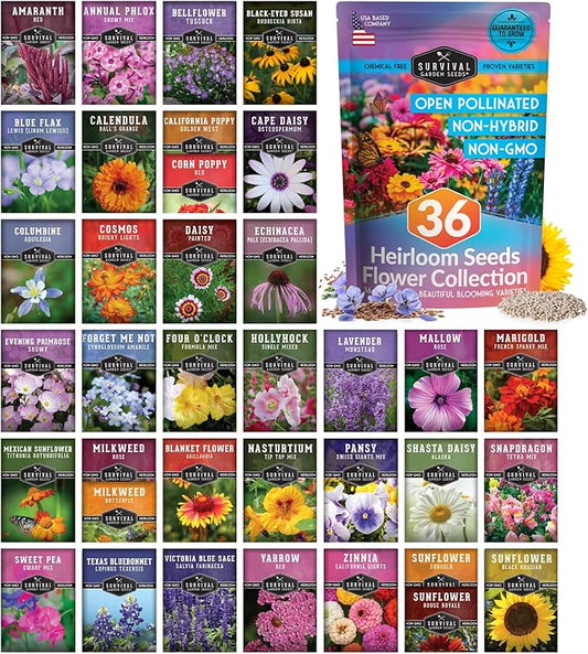 36 Variety Flower & Wildflower Seeds Garden Kit | Annual & Perennial Pollinator Mix with Cut Flowers for Bees, Butterflies & Bouquets | Non-GMO Heirloom Starter Pack – Survival Garden Seeds