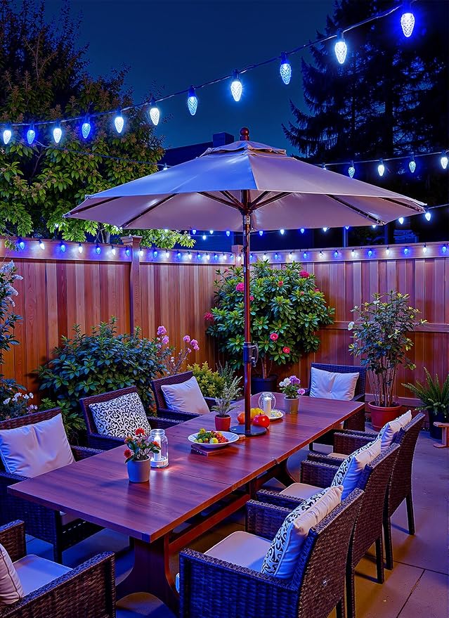 Brightown C9 Christmas Lights Outdoor, 114FT 150 LED Blue and Pure White String Lights with Timer, 8 Modes, UL Listed Waterproof Connectable Christmas Tree Lights for House, Roof, Garden, Patio Decor