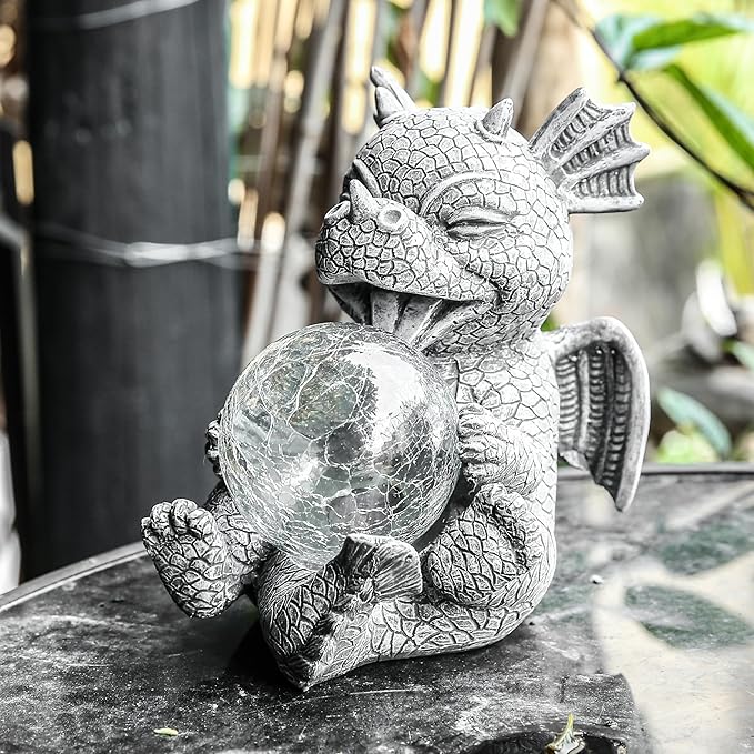 Garden Dragon Statue Solar Powered Outdoor Figurine Light Decor Cute and Hold Glowing Glass Ball Resin Sculpture Home Decoration for Porch Patio Lawn Farm Yard Housewarming Ornament Gift