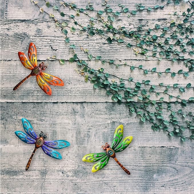 wotieuns Metal Dragonfly Wall Decoration, Garden Fence Outdoor Wall Art, Outdoor Wall Decoration, Outdoor Art Decoration Dragonfly, Suitable for Living Room, Bedroom, Yard and Porch, Set of 3