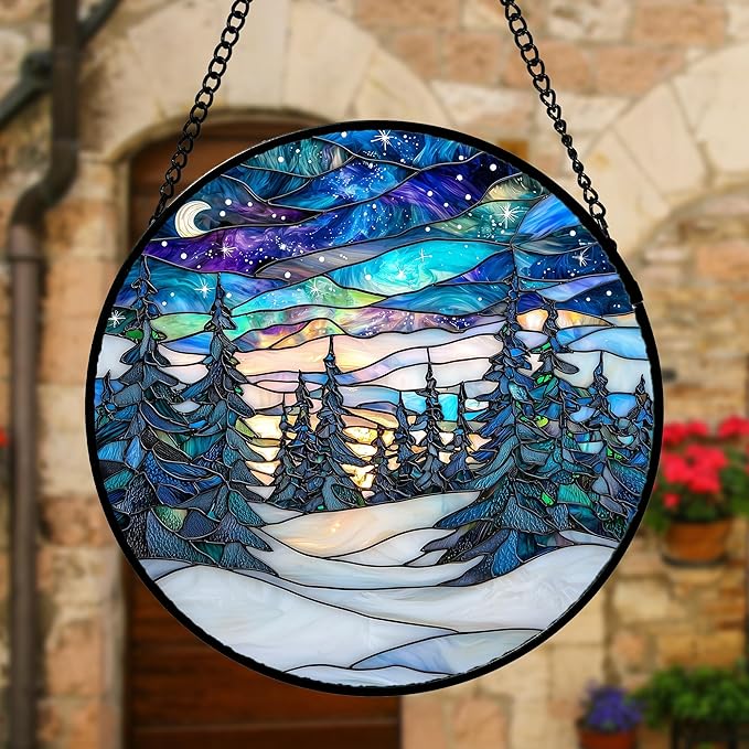 Stained Glass Window Hanging, Starry Sky Trees and Snow Sun Catchers Glass Panel Blue Suncatcher Decor for Birthday for Women, Men, Wife, Aunt, and Mom 11.8x11.8 in