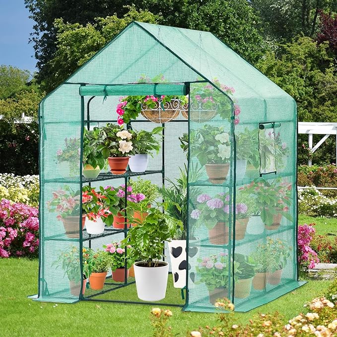 Ohuhu Greenhouse for Outdoors with Screen Windows, 57 x 57 x 76'' Walk in Plant Greenhouses Heavy Duty with Durable PE Cover, 3 Tiers 12 Shelves Stands Plastic Portable Green House with Shelf Clips