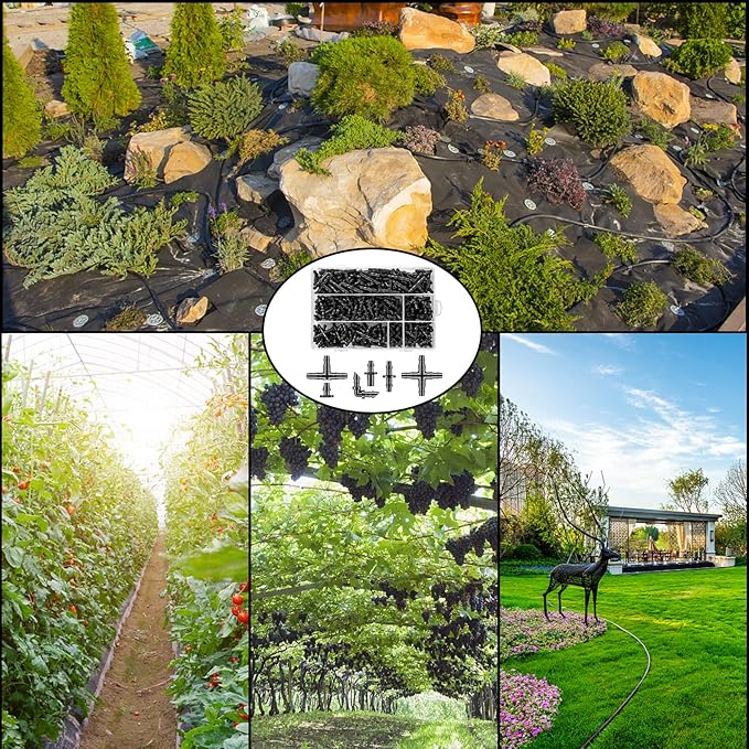 300 Pcs Barbed Connectors Drip Irrigation Fittings Kit, 1/4" Drip Irrigation Kit for Garden Flower Pot Greenhouse Lawn (Straight Barbs,Single Barbs,Tees,Elbows,End Plug,4-Way Coupling)