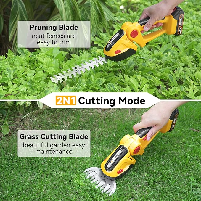 Hedge Trimmer Cordless, TOOVEM 2 in 1 Handheld Cordless Grass Shear with 2 Pcs Rechargeable Batterys and Charger, 24V Electric Weed Grass Cutter Shrubbery Trimmer for Garden, Lawn (Yellow)