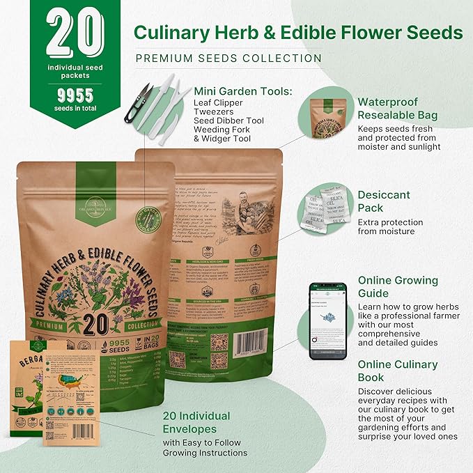 20 Culinary Herbs & Edible Flower Seed Variety Pack for Planting Indoor & Outdoors. 9500+ Non-GMO Heirloom Flower Seeds: Basil, Borage, Echinacea, Lavender, Oregano, Rosemary Seeds & More