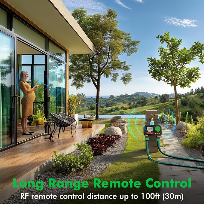 RESTMO RF Remote Controlled Sprinkler Timer with Brass Inlet & Outlet, Water Timer for Garden Hose, Automatic/Manual/Rain Delay for Outdoor Faucet, Drip Irrigation and Lawn Watering, 2 Outlet