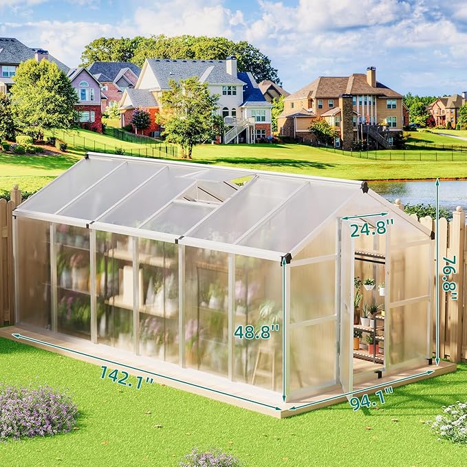 8x12 ft Greenhouse, Large Aluminum Greenhouses for Outdoors, Heavy Duty Polycarbonate Greenhouse with Roof Vent, Walk-in Green Houses for Winter Garden, Backyard, Patio, Lawn, Easy Assembly