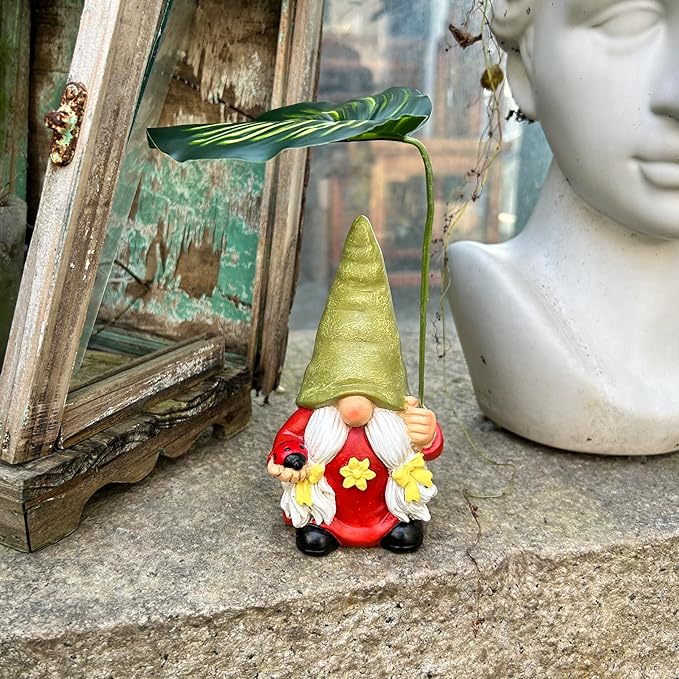 Garden Female Gnome Statue Decoration with Leaf Umbrella, 6.5” Figurine Ornament for Indoor Outdoor Home Patio Yard Lawn, for Gnome Lovers & Garden Enthusiasts,Mom,Women