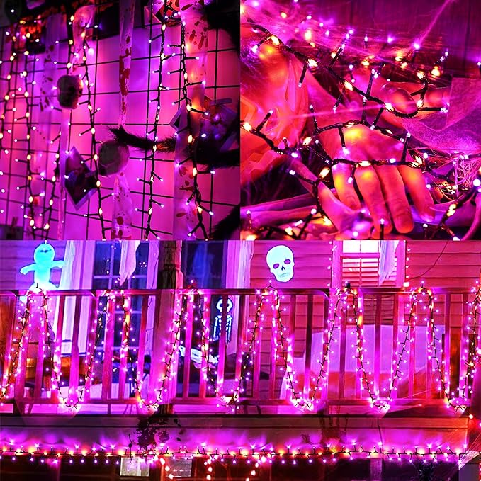 Brizled Outdoor Halloween Lights, 372 LED 17 Modes Orange & Purple Halloween Cluster Lights with Timer, 19.6FT Waterproof Spooky Light Plug in, Orange Purple Light Black Wire for Indoor Outdoor Decor