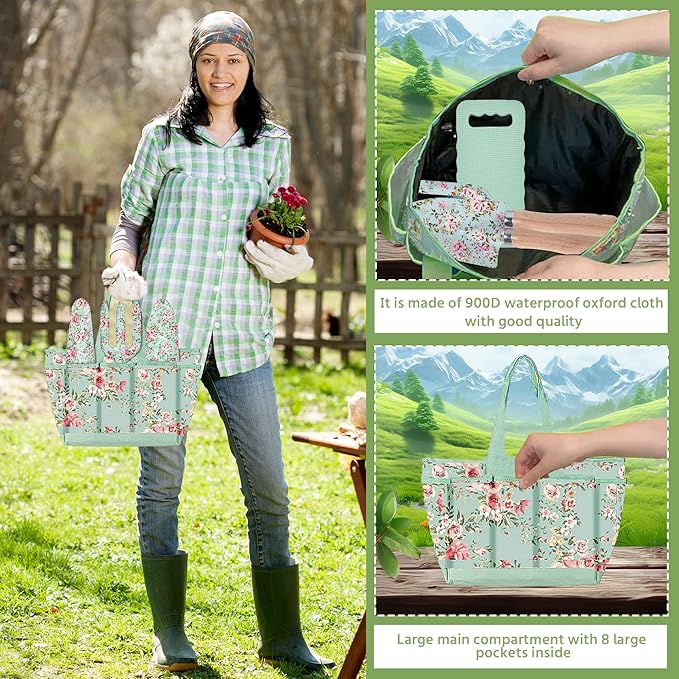 WNJ Gardening Tool Set, 10 PCS Heavy Duty Floral Pattern Garden Tools Set Kit, Complete Gardening Tool Bag Set, with Non-Slip Rubber Handle, Best Gifts for Women