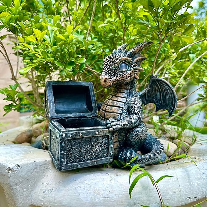 Garden Dragon Statue Solar Powered Outdoor Figurine Light Decor Cute and Hold Glowing Treasure Chest Resin Sculpture Home Decoration for Porch Patio Lawn Farm Yard Housewarming Ornament Gift