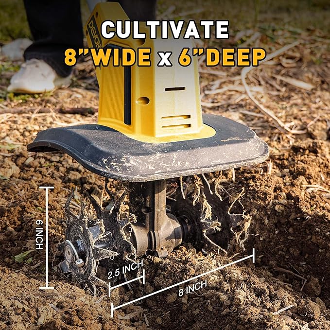 DEVONIC Cordless Electric Garden Tiller,330RPM Electric Garden Tiller, 8 in Tilling Width and 6 in Depth Garden Rototiller for Lawn/Gardening/Soil Cultivation (Without Battery)